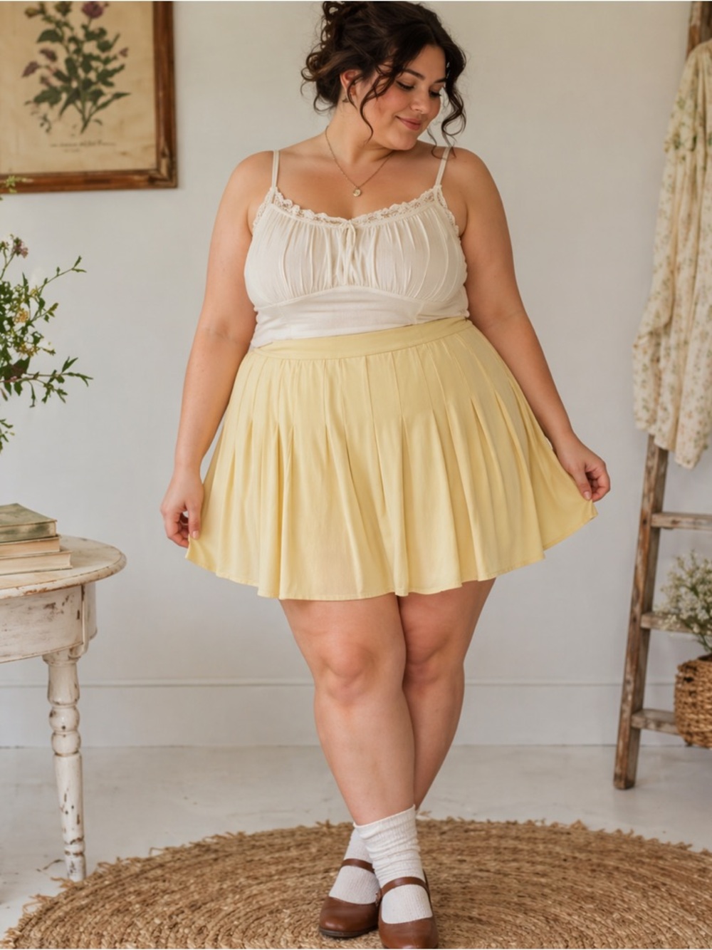 Eloquii Pleated A-Line Mini Skirt in Soft Yellow size 16